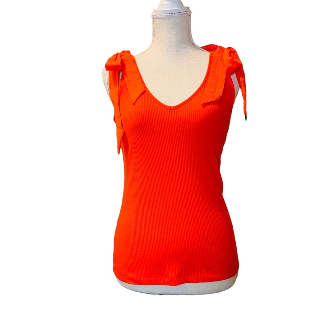 DEX Red Ribbed Tie Shoulder Tank Top Size Small - Picture 2 of 8
